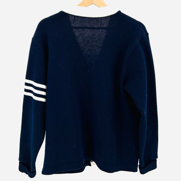 Vintage 60s/70s Navy White Varsity Stripe Knit Cardigan Sweater - Picture 5 of 6